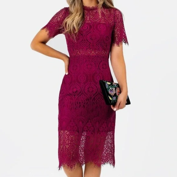 Romantic Raspberry/ Dark Purple Pink Lace Midi Dress in XXS - Picture 1 of 5